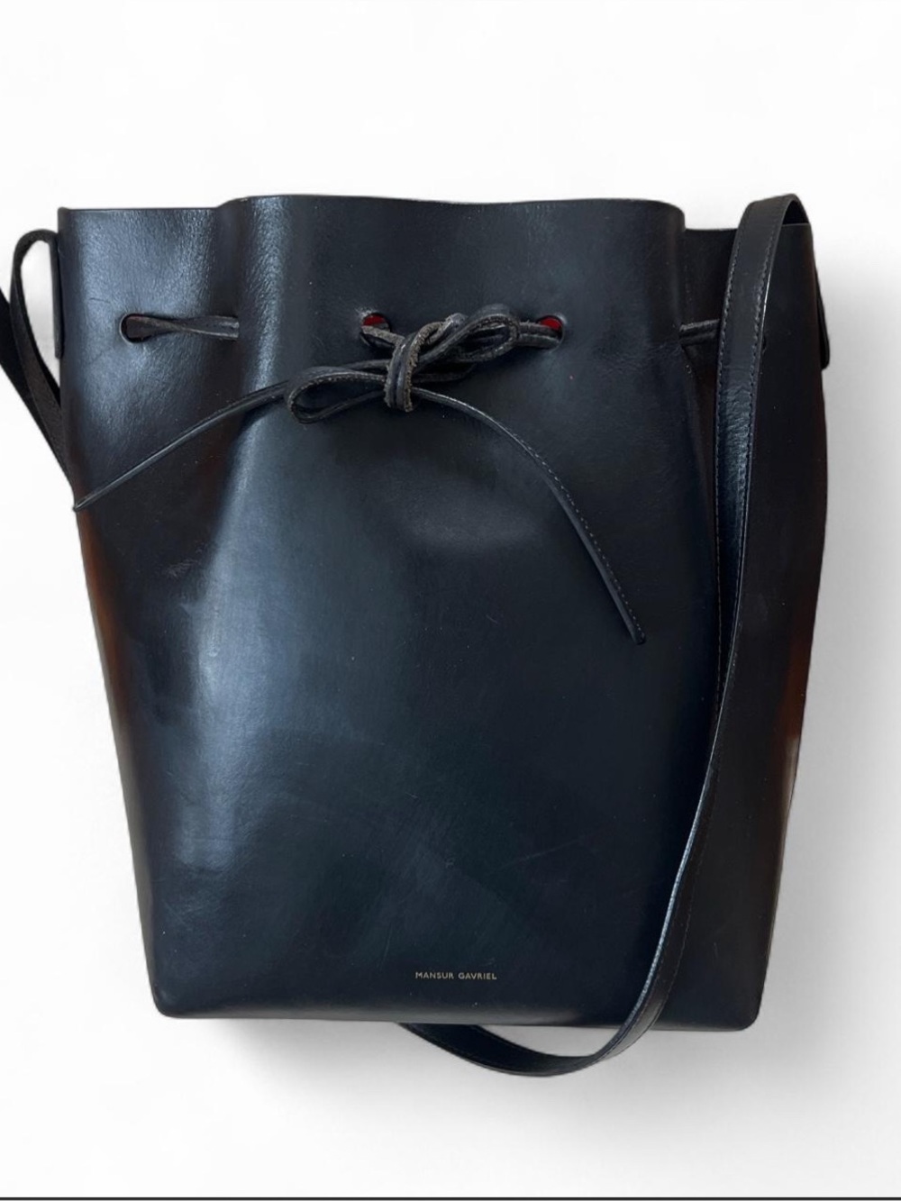 Mansur Gavriel Black Leather Drawstring Crossbody Bucket Bag